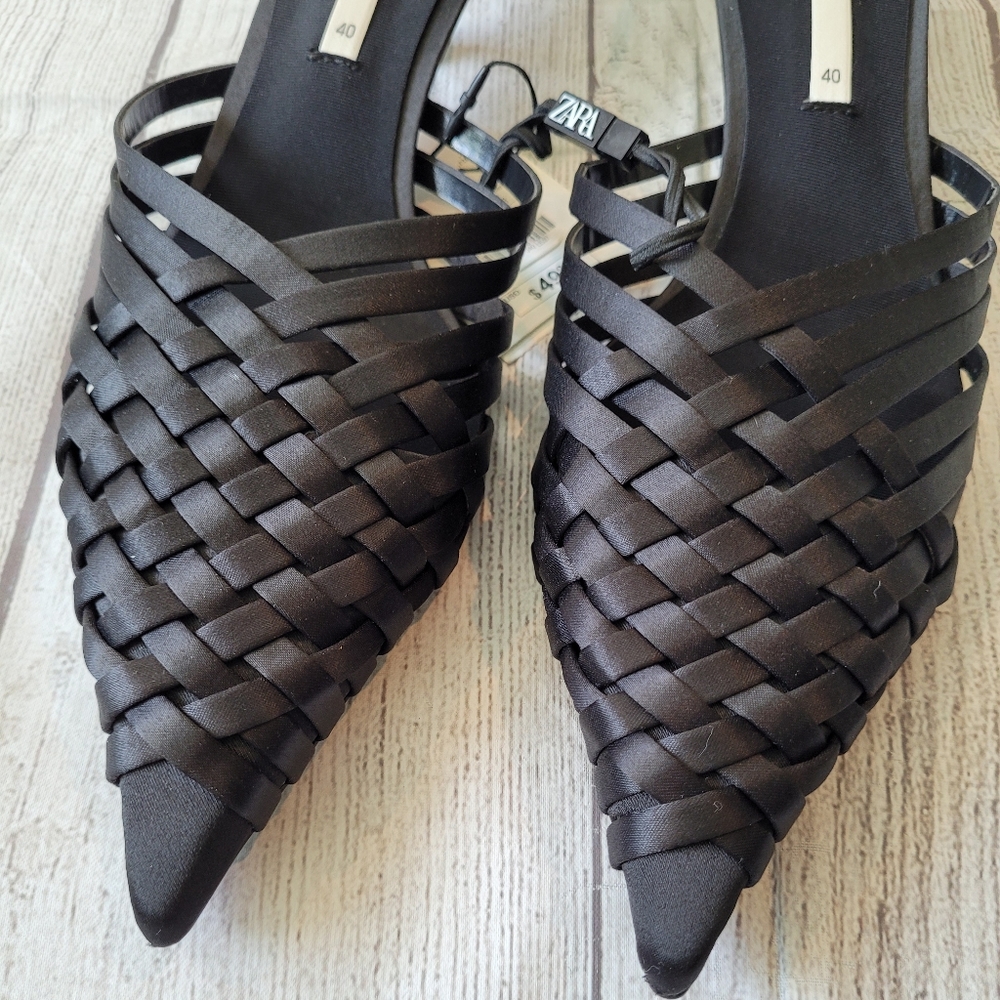 •SOLD• Zara Black Weaved Point Toe Kitten heel Mule Size 9 •New w/ Tag• - Picture 3 of 9